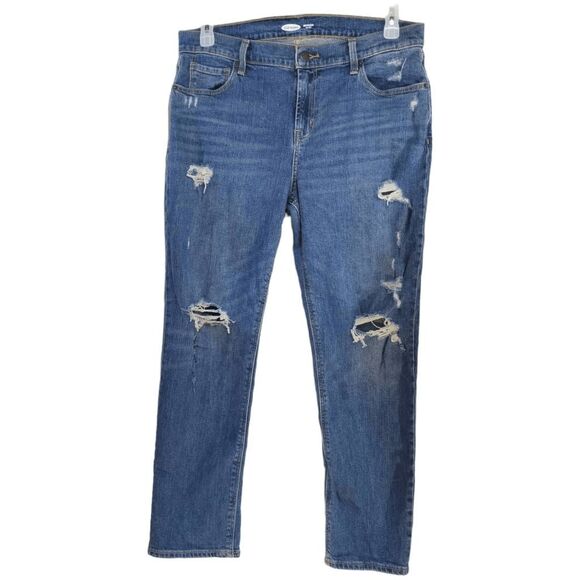 Old Navy Distressed Boyfriend Mid Rise Jeans Sz 12 Dark Destroyed Sailor - Picture 1 of 9